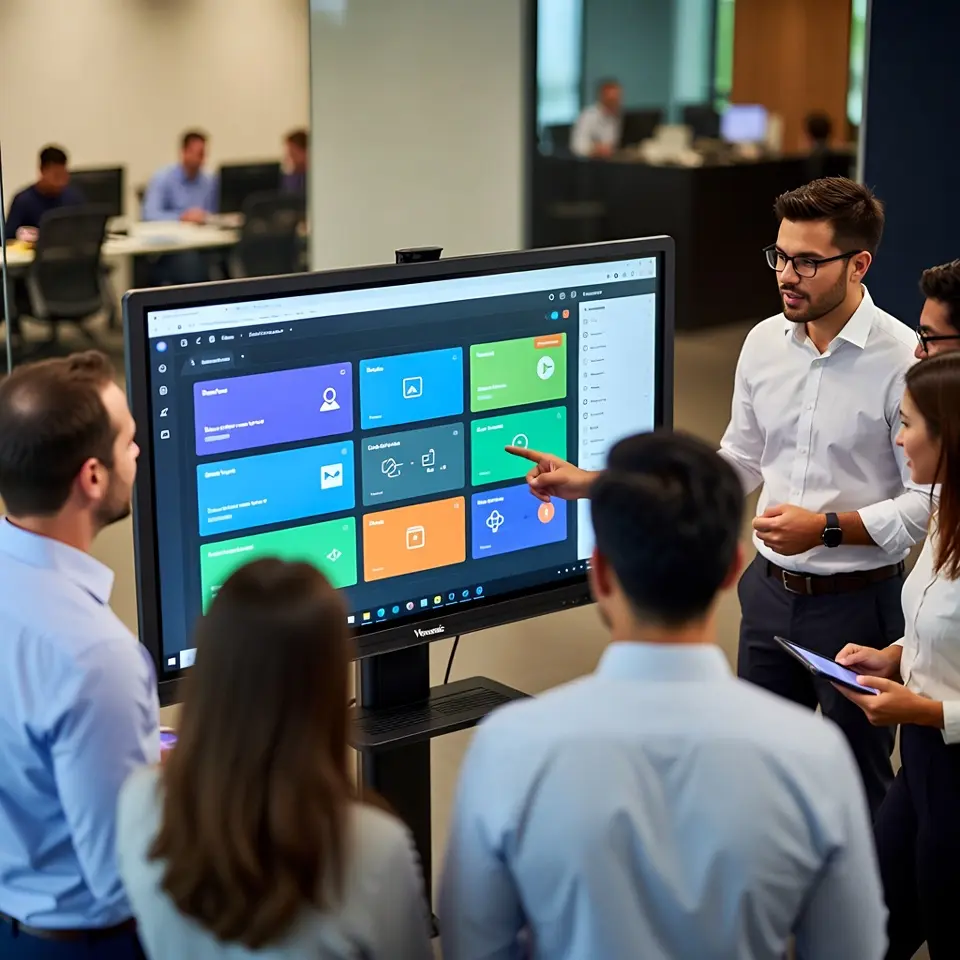 Brainstorming collaboratif sur écran interactif tactile en entreprise