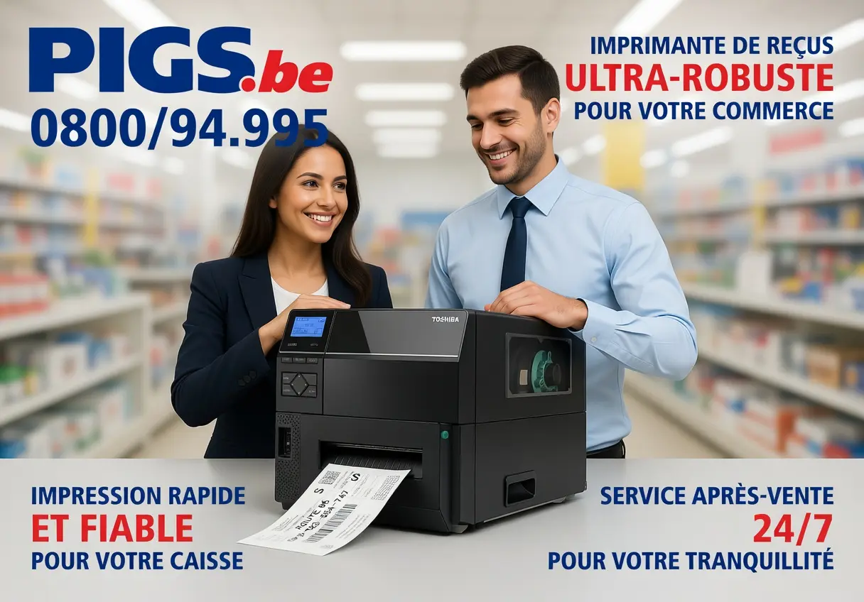 Toshiba B-EX6T3 vue de profil avec rouleau d'étiquettes