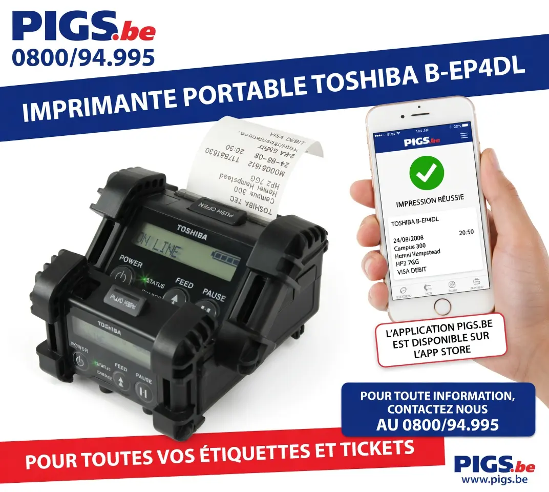Toshiba B-EP4DL vue trois-quarts avec rouleau d'étiquettes