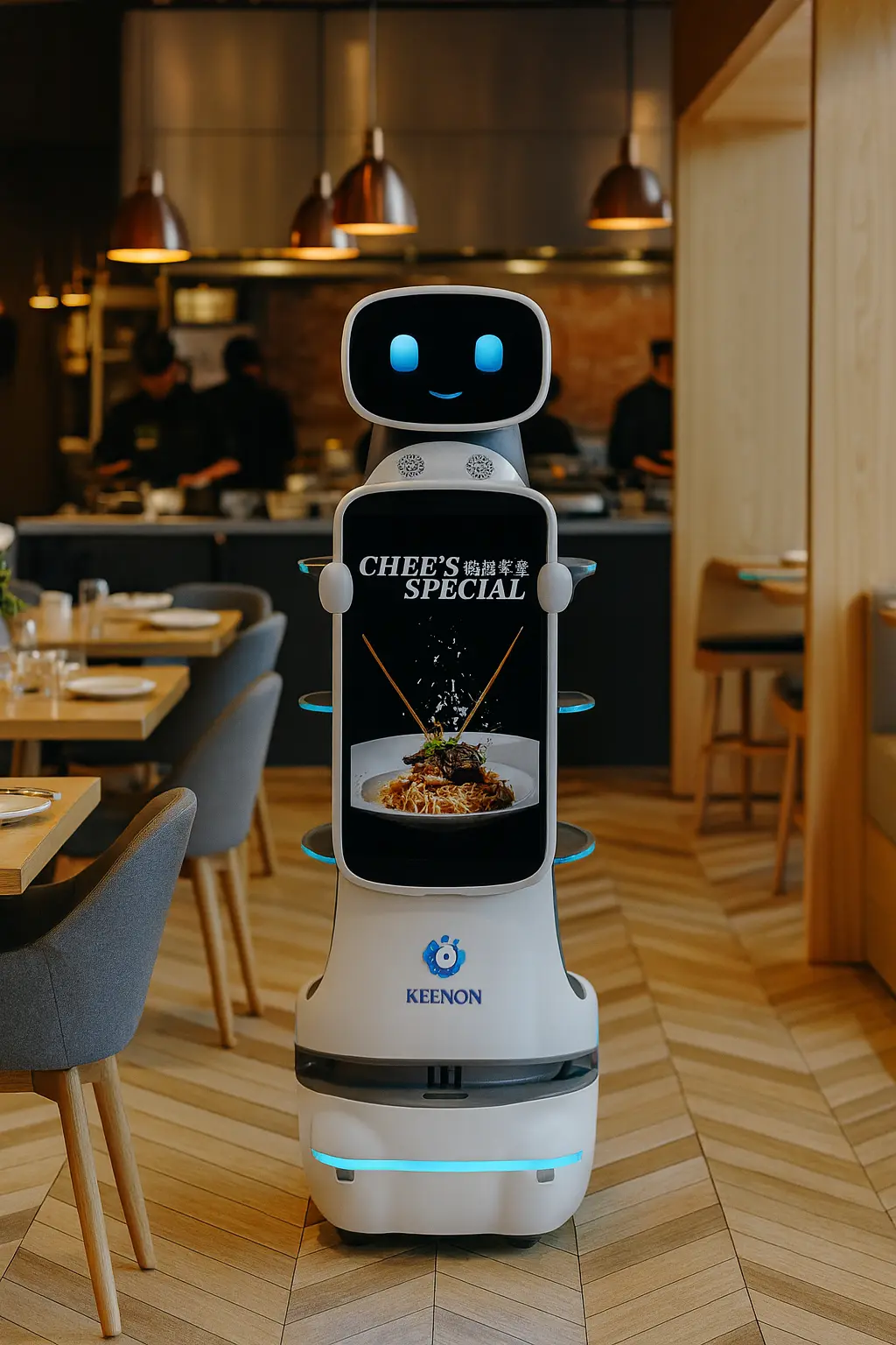 Keenon T10 livrant des plats en salle de restaurant