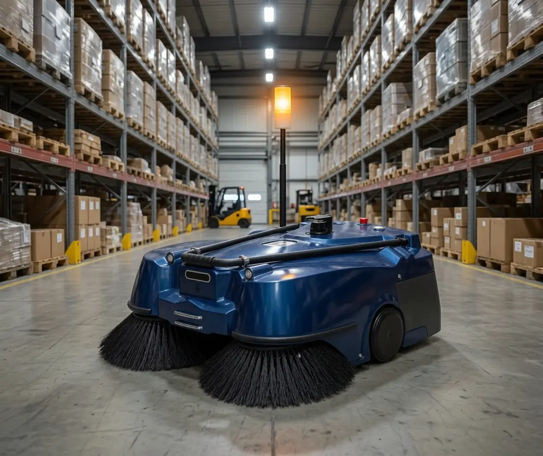 Robot balayeur GB45 Rob-IA en hall de stockage
