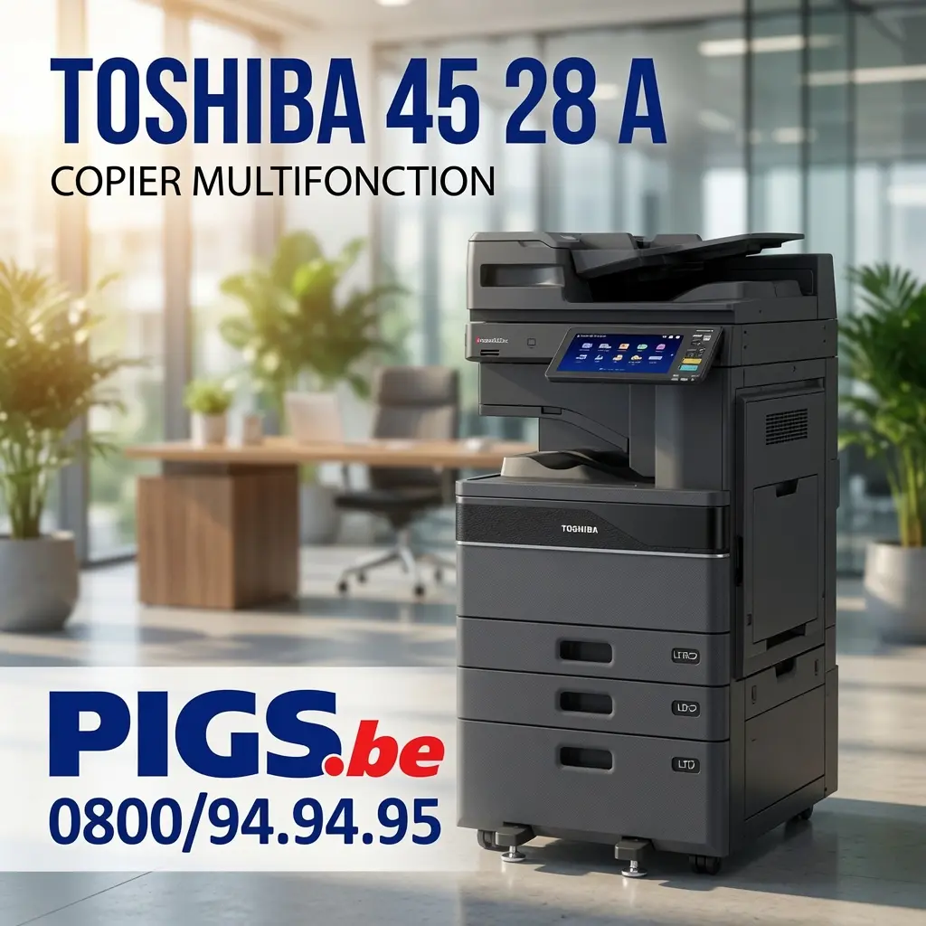 Copieur multifonction Toshiba e-STUDIO 4528A vue trois-quarts avec finisseur