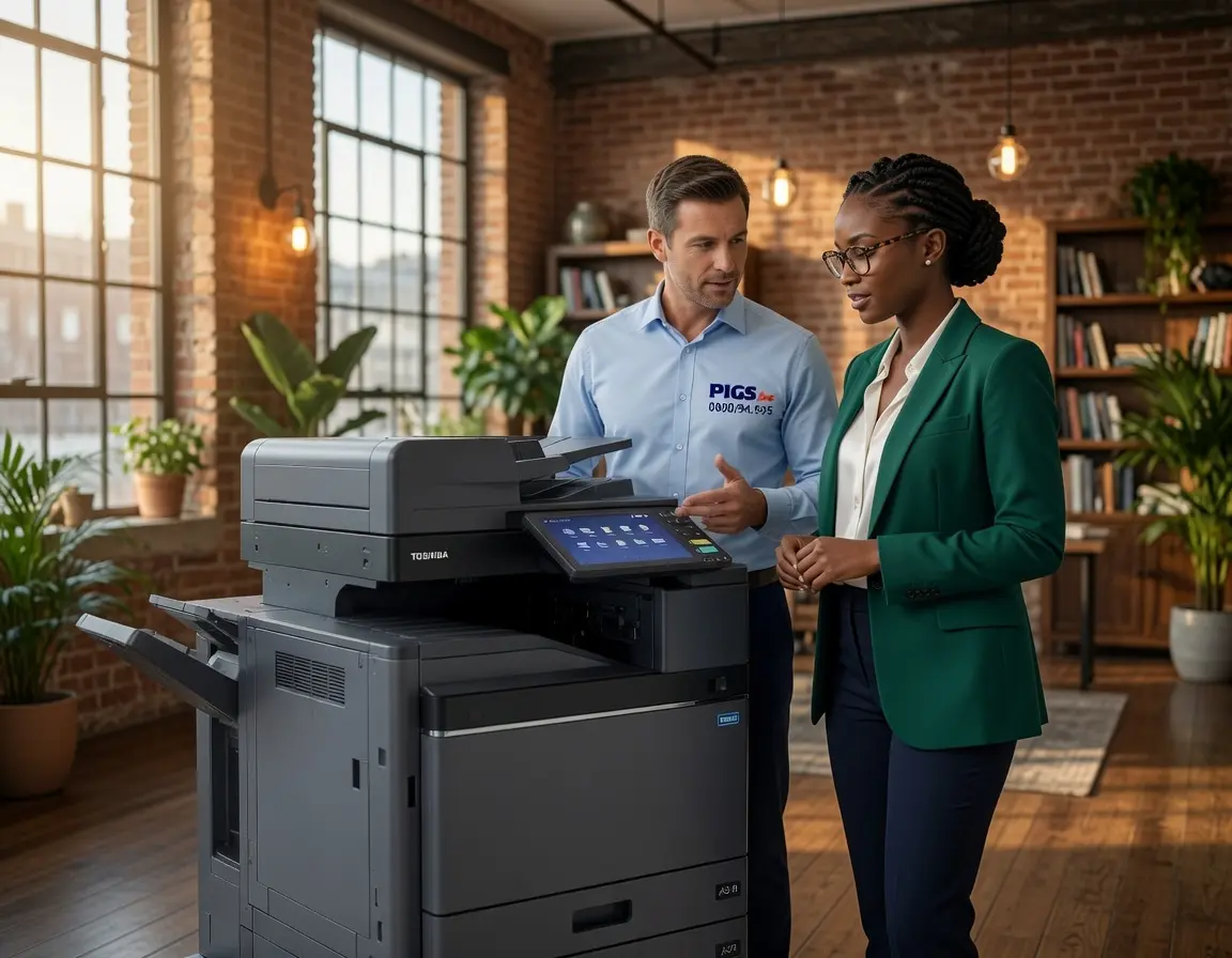 Toshiba e-STUDIO 7529A équipé de son finisseur — vue de trois quarts