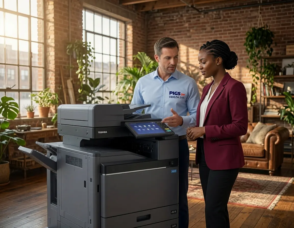 Toshiba e-STUDIO 9029A vue de profil avec finisseur et magasins grande capacité