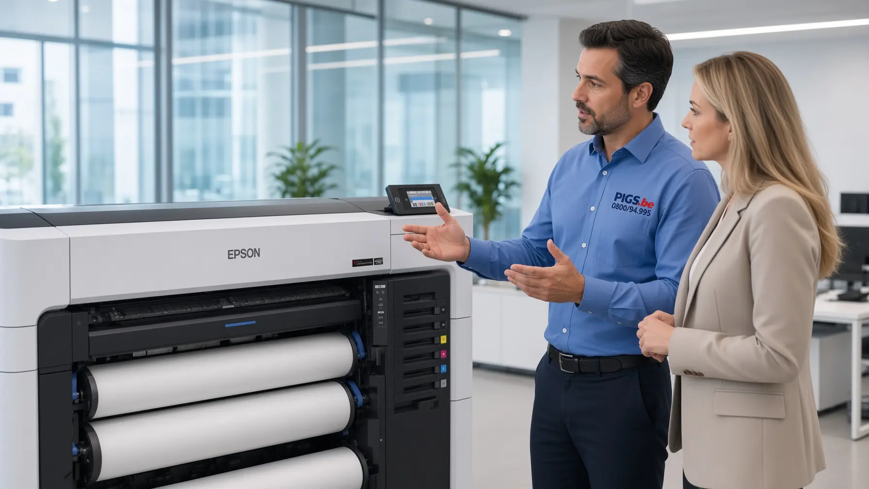 Epson SC-T7700DM vue technique de trois-quarts avec bacs et scanner