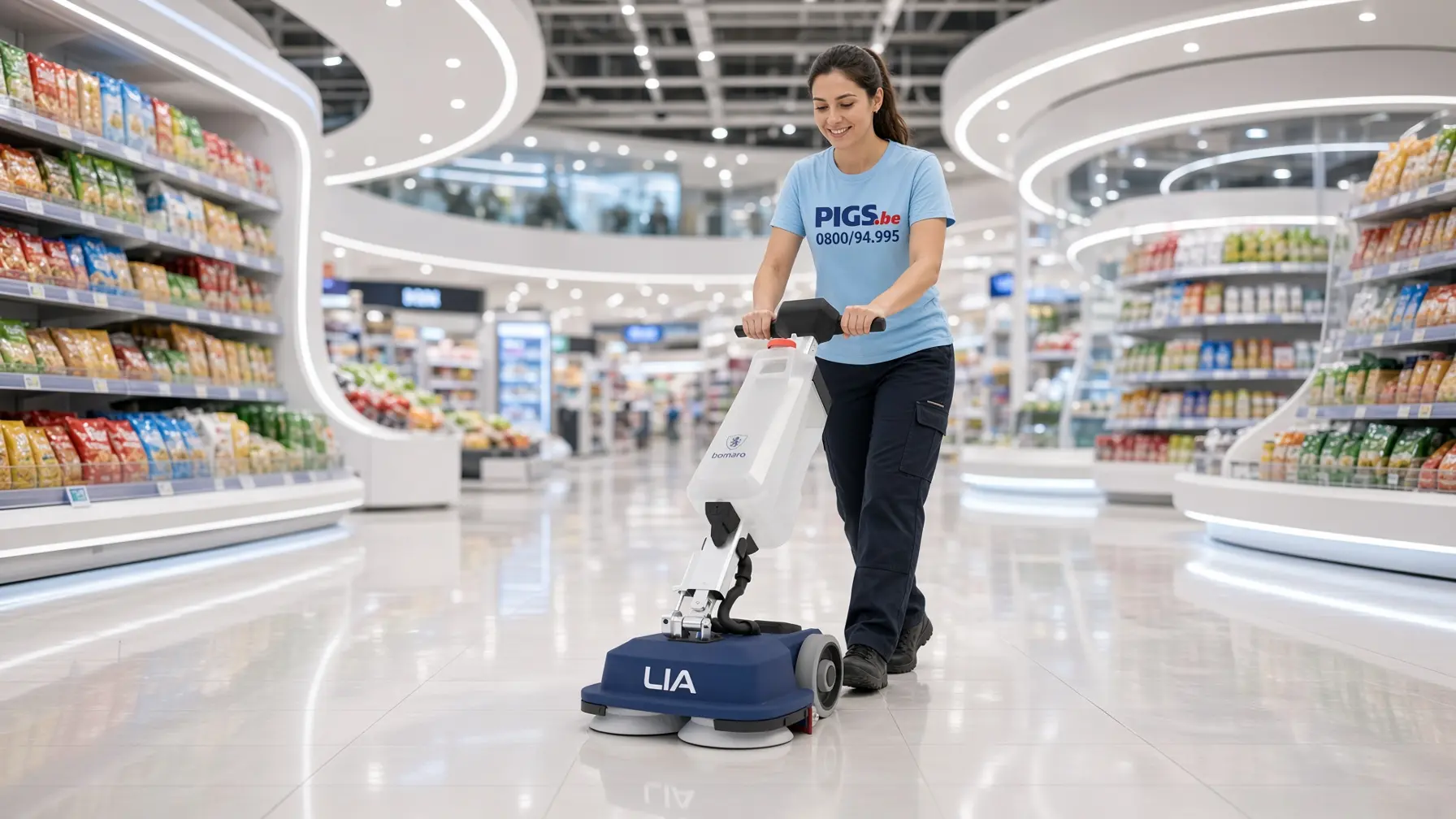 Lia Pro de Bomaro dans une allée centrale de supermarché au design contemporain