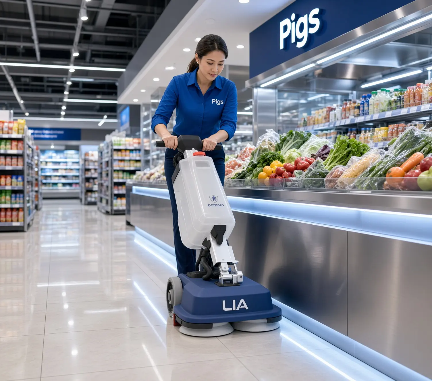 Lia Pro de Bomaro passant le long d'un comptoir de fruits et légumes dans un magasin Pigs