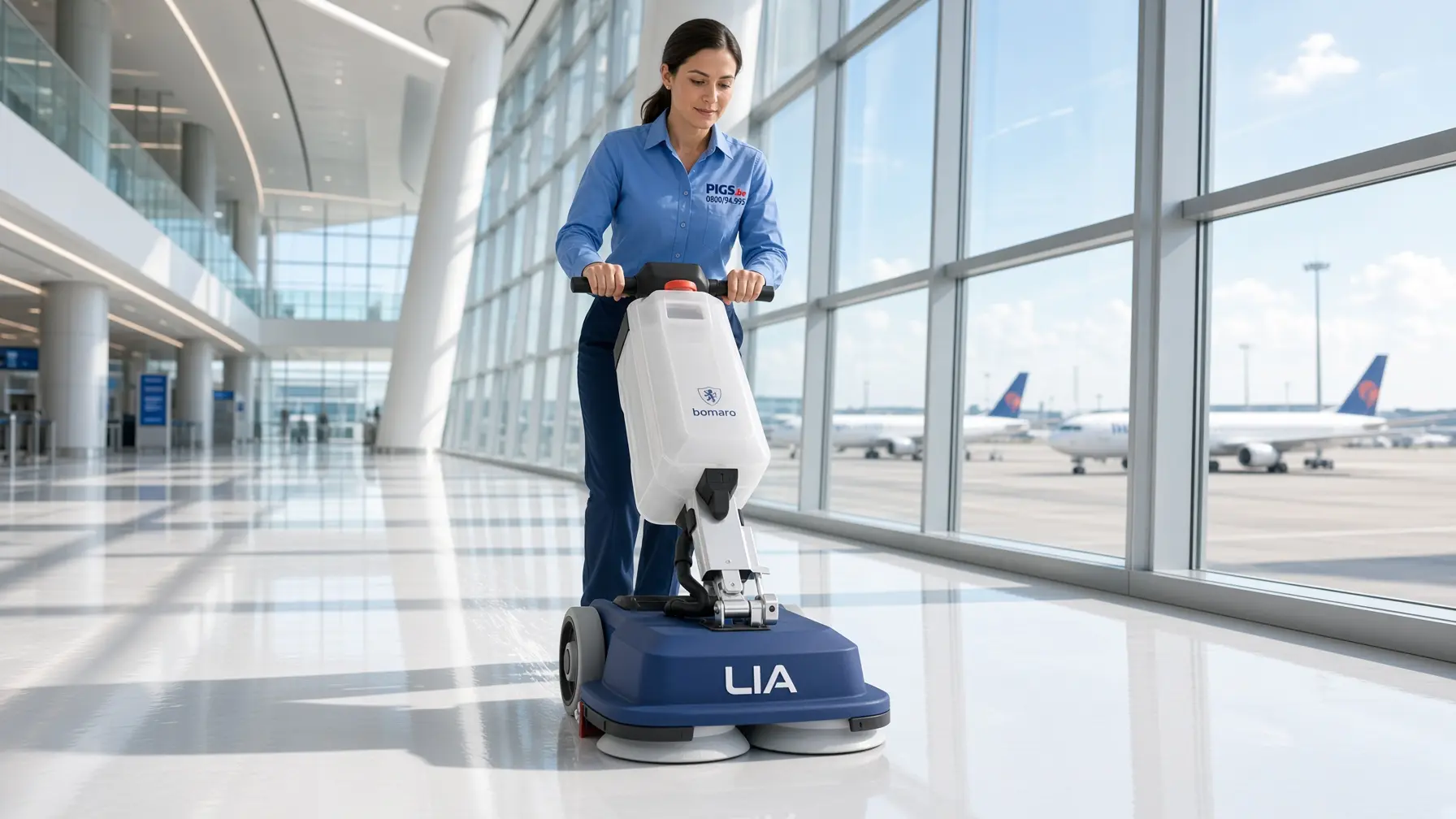 Autolaveuse Lia Pro de Bomaro utilisée dans un hall d'aéroport vitré, avions en arrière-plan