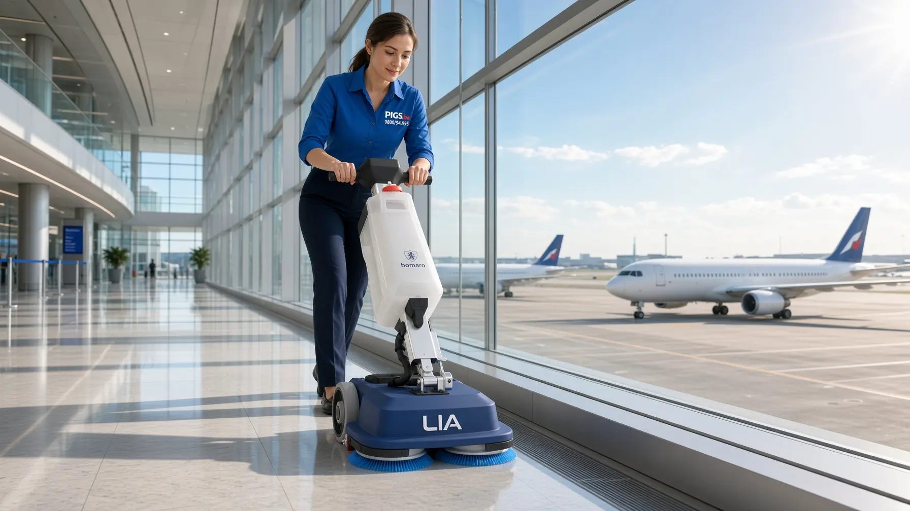 Détail des deux brosses bleues de la Lia Pro de Bomaro sur un sol en pierre d'aéroport