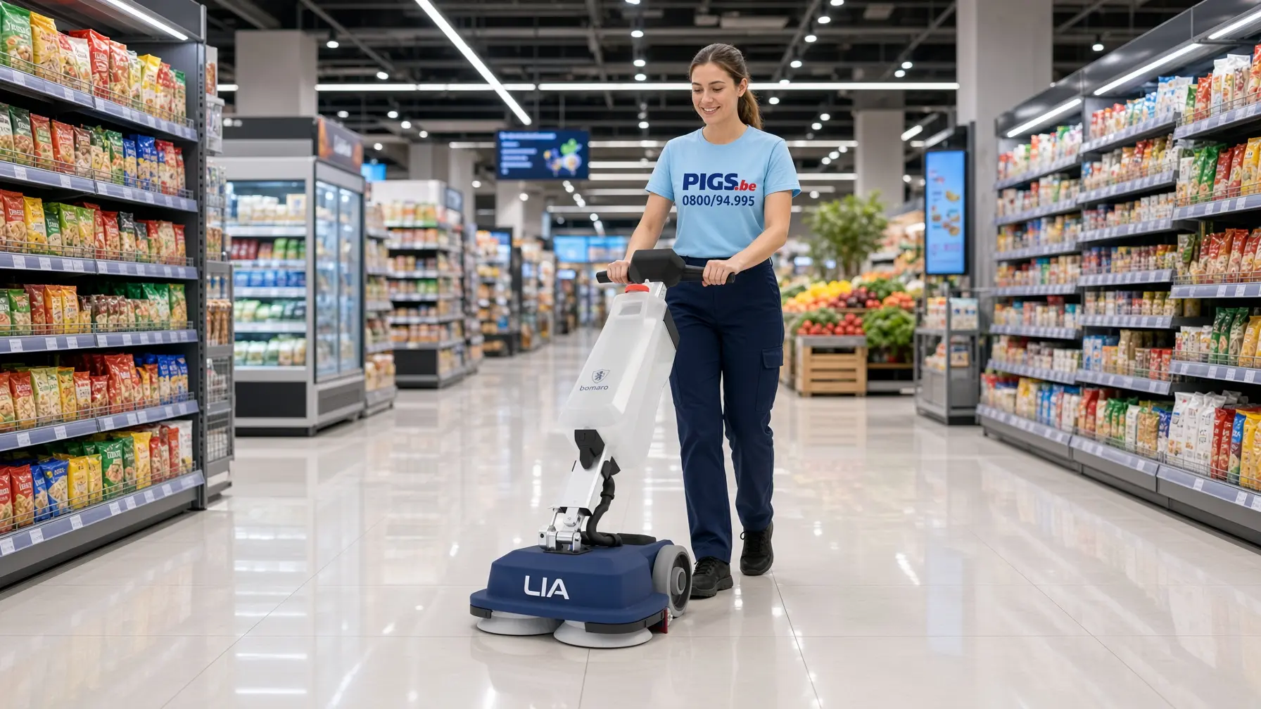 Vue large de la Lia Pro de Bomaro en action entre deux rayonnages de supermarché