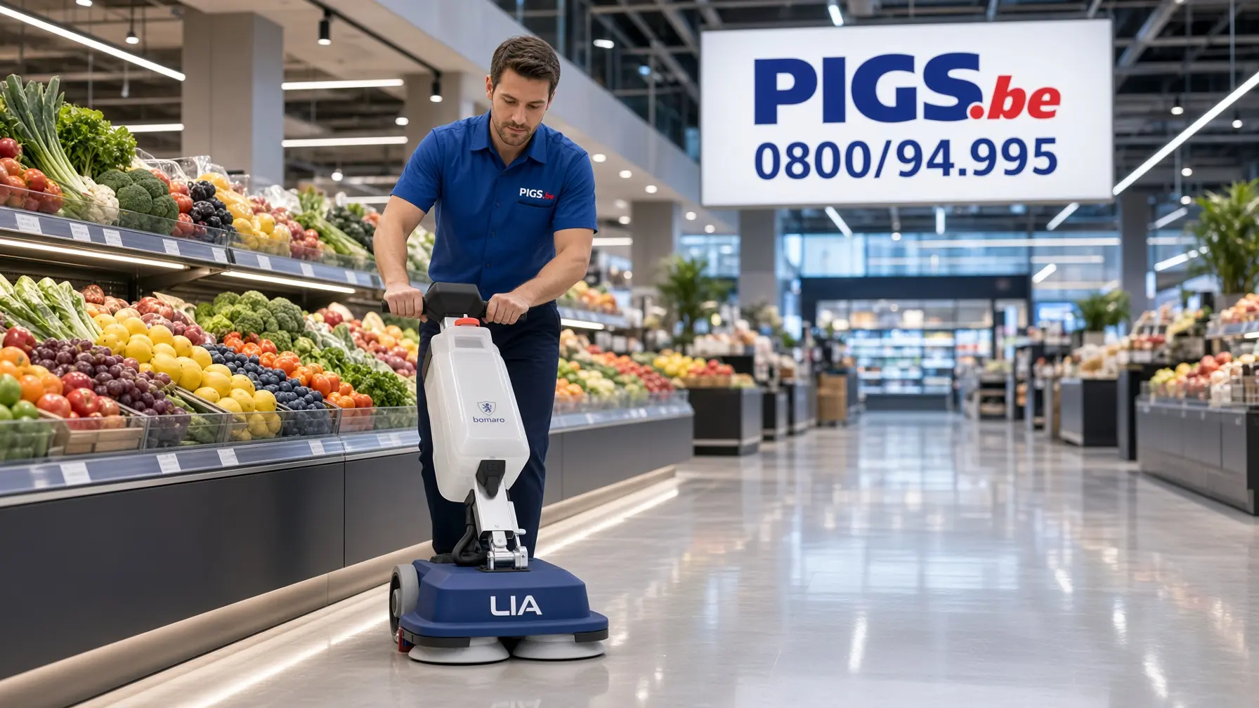 Technicien Pigs manœuvrant la Lia Pro de Bomaro dans l'allée d'un magasin de fruits et légumes