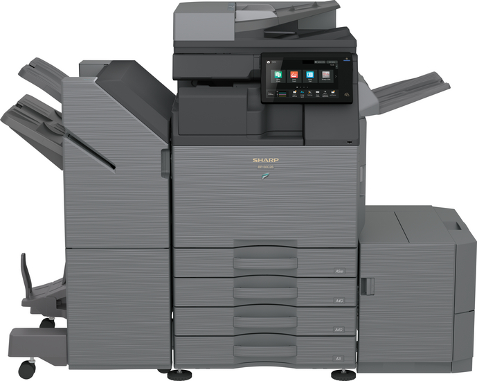 Vue de face du copieur Sharp BP-50C26 avec magasin papier et chargeur RSPF