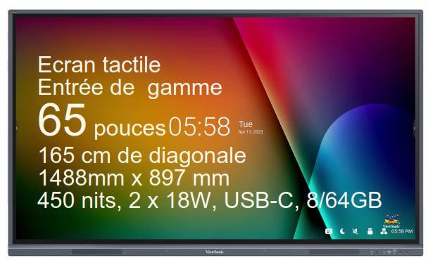 ViewBoard 33serie écran tactile 65'' UHD, Android 11, IR 450 nits, 2 x 18W, USB-C, 8/64GB REF IFP6533-G  REF PG0.0B21