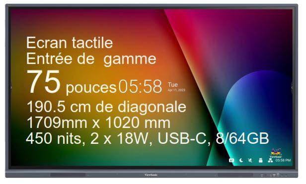 ViewBoard 33serie écran tactile 75'' UHD, Android 11, IR 450 nits, 2 x 18W, USB-C, 8/64GB REF IFP7533-G  REF PG0.0B21