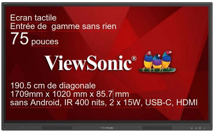 ViewBoard G series écran tactile 75" UHD, sans Android, IR 400 nits, 2 x 15W, USB-C, HDMI REF IFP75G1  REF PG0.0B21