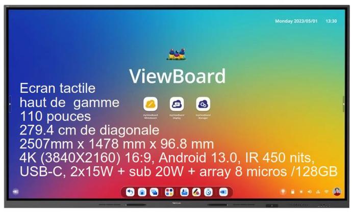 ViewBoard écran tactile  110" 4K (3840X2160) 16:9, Android 13.0, IR 450 nits, USB-C, 2x15W + sub 20W + array mic 8/128GB