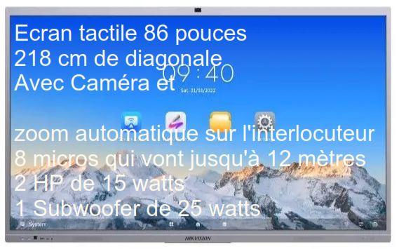 ECRAN HIKVISION 86''  LFD 4K Interactive 3840x2160 45pts 400cd/m² 6ms 60Hz VGA HDMI DP 4xUSB3 2xUSB-C 1xUSB2 haut parleurs Caméra intégrée 8 MP, Zoom et suivi des orateurs automatique Android13