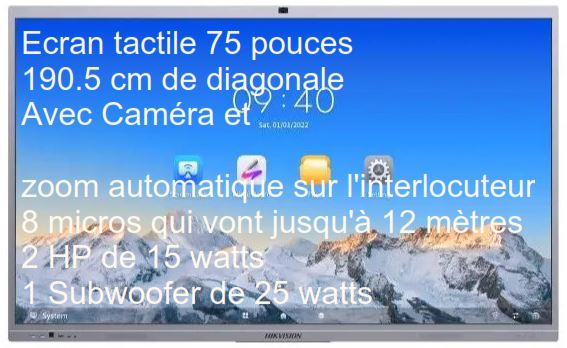 ECRAN HIKVISION 75''  LFD 4K Interactive 3840x2160 45pts 400cd/m² 6ms 60Hz VGA HDMI DP 4xUSB3 2xUSB-C 1xUSB2 haut parleurs Caméra intégrée 8 MP, Zoom et suivi des orateurs automatique Android13 (copie)