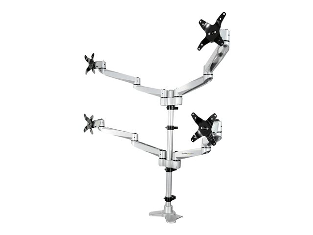 Bras de bureau – Startech Desk Mount Quad Monitor Arm, Premium Articulating VESA 4 Monitor Mount 2x2 up to 27", Ergonomic Height Adjustable Pole Mount, Tilt/Swivel/Rotate, C-Clamp/Grommet, Silver