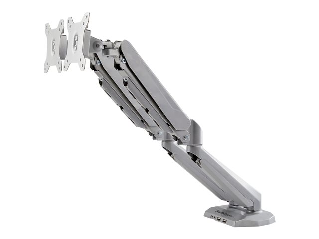 Bras de bureau – Startech Desk Mount Dual Monitor Arm with USB & Audio, Grommet/Desk Clamp VESA Mount for up to 32 inch Displays, 2x USB, 2x 3.5mm audio, Ergonomic Full Motion Dual Monitor Arm, Silver