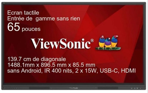 [IFP65G1] ViewBoard G series écran tactile 65" UHD, sans Android, IR 400 nits, 2 x 15W, USB-C, HDMI REF IFP65G1  REF PG0.0B21