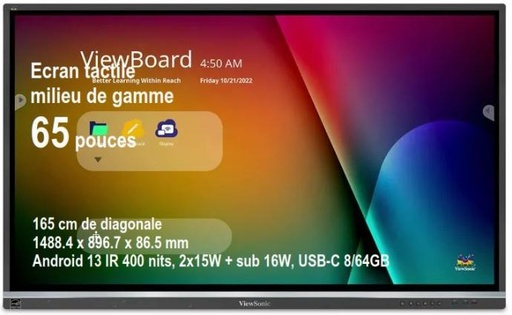 [IFP6550-5F] ViewBoard 50serie écran tactile 65" UHD, Android 14, IR 400 nits, 2x15W + sub 16W, USB-C 8/64GB