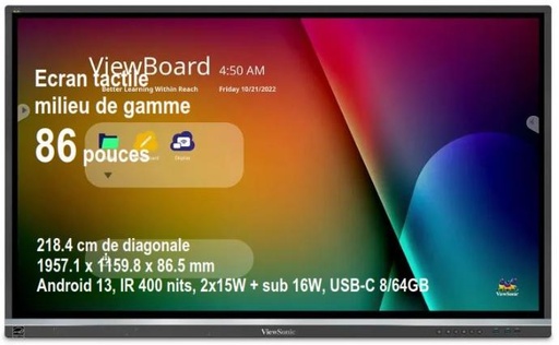 [IFP8650-5F] ViewBoard 50serie écran tactile 86" UHD, Android 11.0, IR 400 nits, 2x15W + sub 16W, USB-C 8/64GB REF IFP8650-5F  REF PG