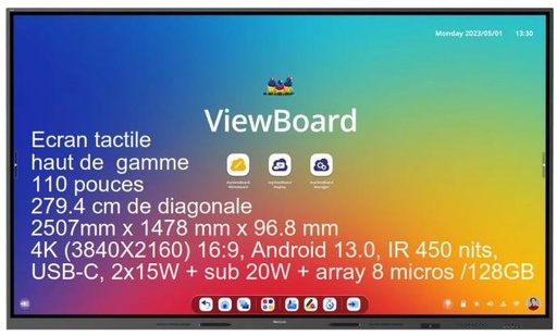 [IFP110] ViewBoard écran tactile  110" 4K (3840X2160) 16:9, Android 13.0, IR 450 nits, USB-C, 2x15W + sub 20W + array mic 8/128GB